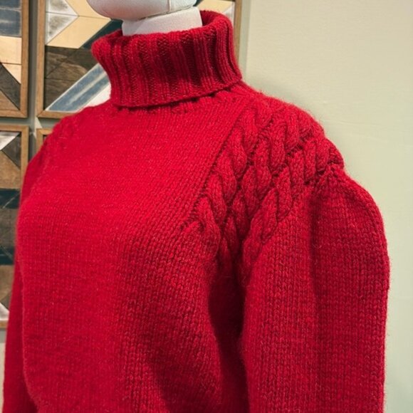 Vintage Ralph Lauren Hand Knit Wool Puff Sleeve Turtleneck Sweater Red Large - Picture 4 of 11